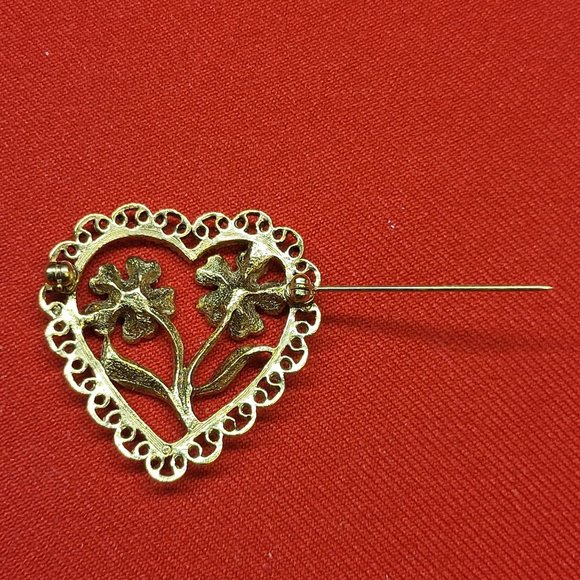 VTG Open Gold Tone Filigree Heart Floral  Faux Pearl Center Pin Brooch - Picture 6 of 11